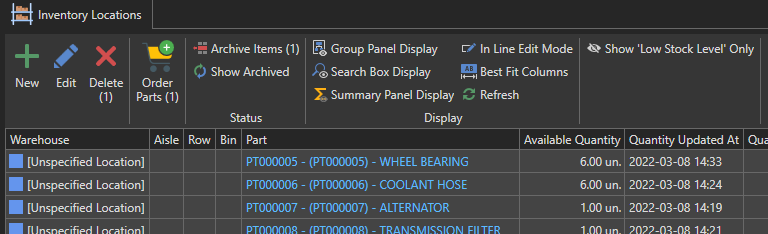 1. List of Inventory Locations